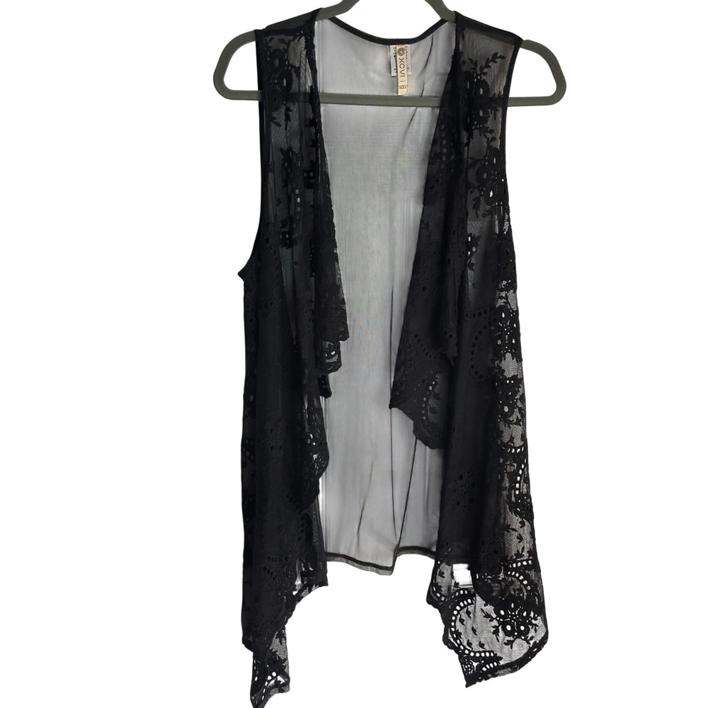 XCVI Womens Boho Lace Vest Duster Sz 2/XS Black Mesh Floral Embroidered Drapey